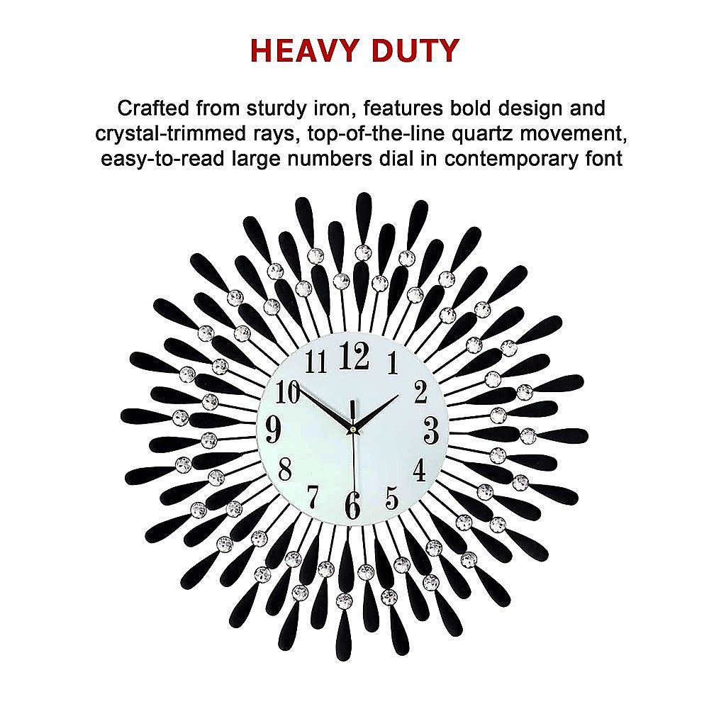 70cm Sunburst Wall Clock Crystal Rays Silent Quartz Black - Greenora Living