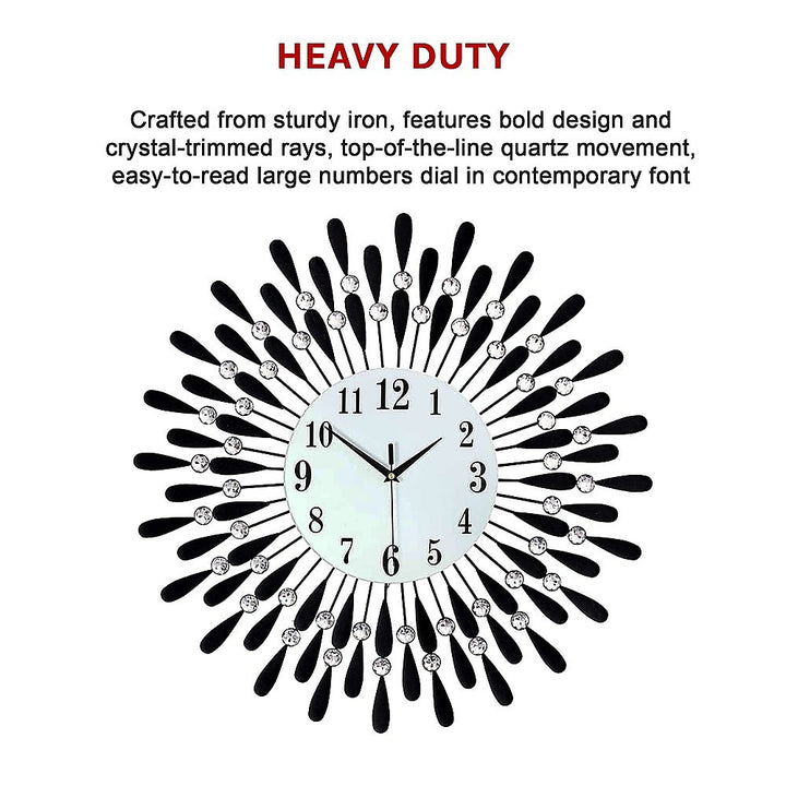 70cm Sunburst Wall Clock Crystal Rays Silent Quartz Black - Greenora Living