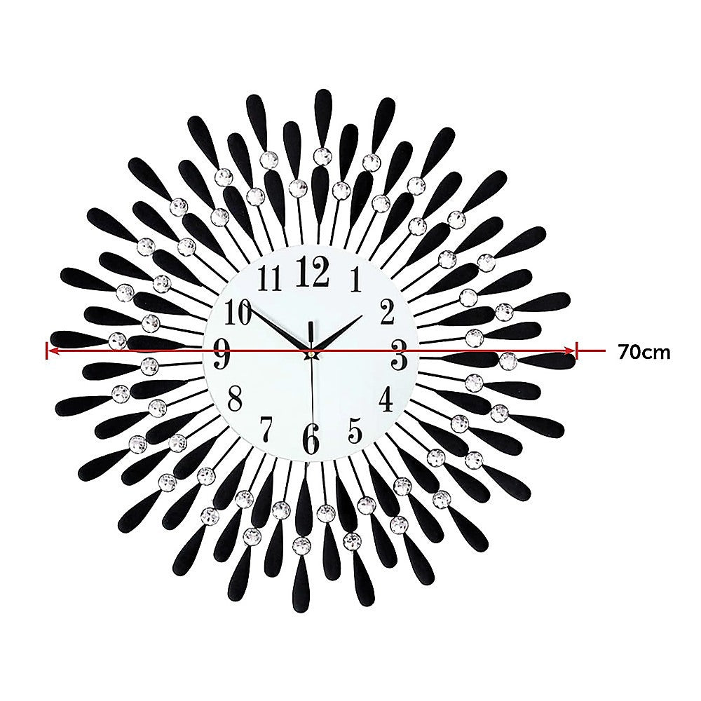 70cm Sunburst Wall Clock Crystal Rays Silent Quartz Black - Greenora Living