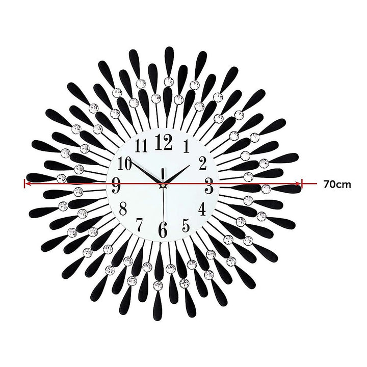 70cm Sunburst Wall Clock Crystal Rays Silent Quartz Black - Greenora Living