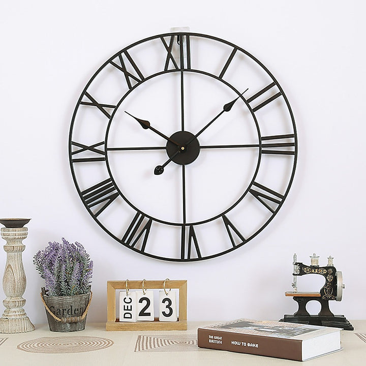 60cm Industrial Wall Clock – 3D Hollow Gold Roman Numerals Silent Movement - Greenora Living