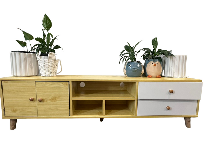 Farmhouse Pine TV Cabinet – 2 Doors, 2 Drawers &amp; Adjustable Shelves | 150cm | White &amp; Pine - Greenora Living