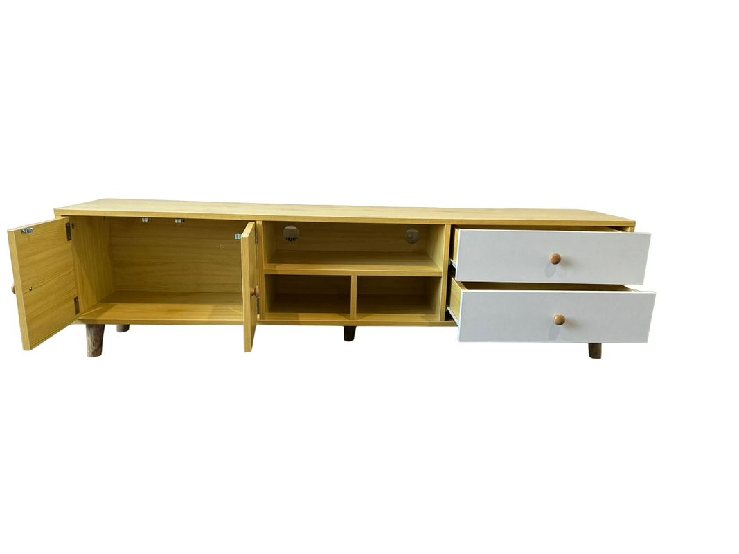 Farmhouse Pine TV Cabinet – 2 Doors, 2 Drawers &amp; Adjustable Shelves | 150cm | White &amp; Pine - Greenora Living