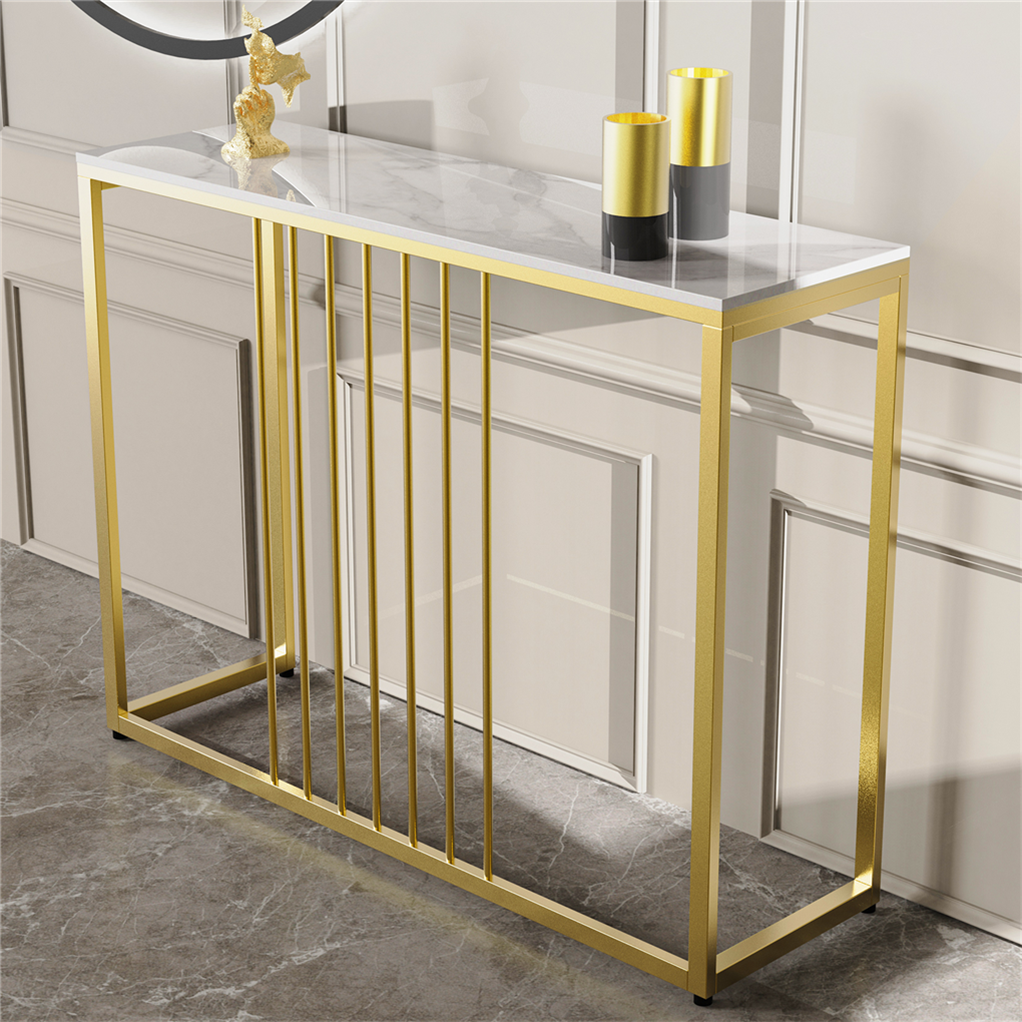 Aurelia Round Console Table – Sintered Stone Top, Gold Metal Frame & Rounded Corners | 100cm | White & Gold - Greenora Living