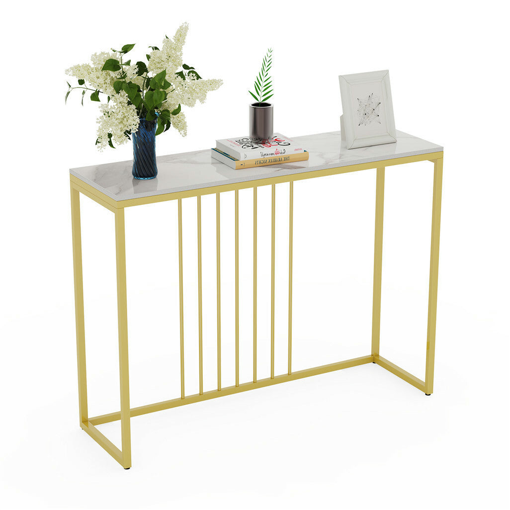Aurelia Round Console Table – Sintered Stone Top, Gold Metal Frame &amp; Rounded Corners | 100cm | White &amp; Gold - Greenora Living