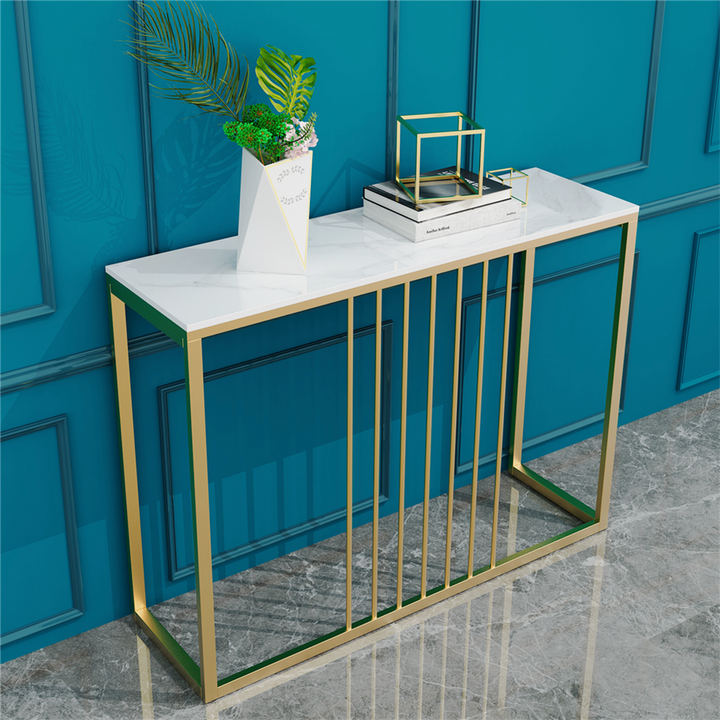 Aurelia Round Console Table – Sintered Stone Top, Gold Metal Frame &amp; Rounded Corners | 100cm | White &amp; Gold - Greenora Living