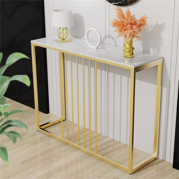 Aurelia Round Console Table – Sintered Stone Top, Gold Metal Frame &amp; Rounded Corners | 100cm | White &amp; Gold - Greenora Living
