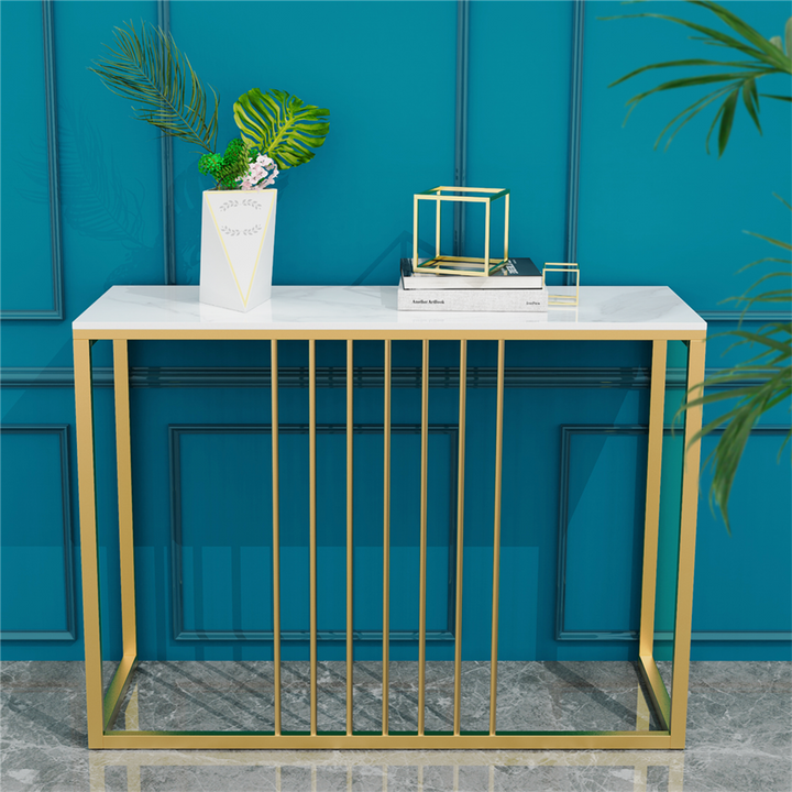 Aurelia Round Console Table – Sintered Stone Top, Gold Metal Frame &amp; Rounded Corners | 100cm | White &amp; Gold - Greenora Living