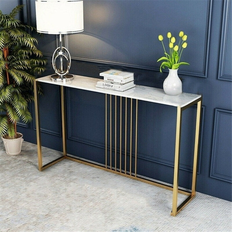 Soleil Console Table – Sintered Stone Marble-Effect Top & Gold Metal Legs | 100cm | White & Gold - Greenora Living