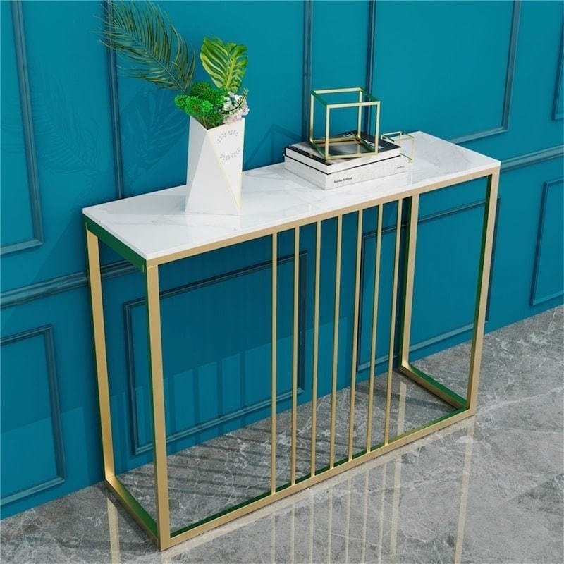 Soleil Console Table – Sintered Stone Marble-Effect Top &amp; Gold Metal Legs | 100cm | White &amp; Gold - Greenora Living