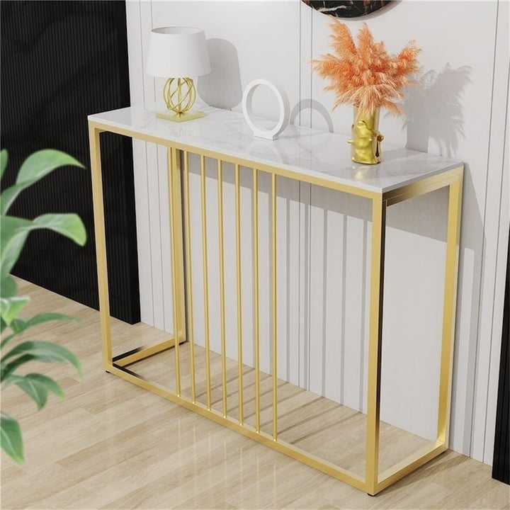 Soleil Console Table – Sintered Stone Marble-Effect Top &amp; Gold Metal Legs | 100cm | White &amp; Gold - Greenora Living