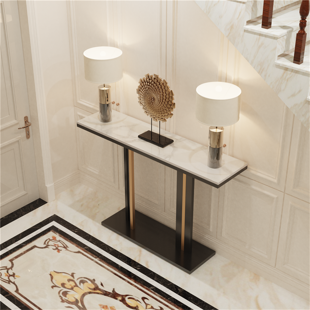 Marmo Console Table – Sintered Stone Marble-Effect Top, Black Metal Frame &amp; 30kg Capacity | 118cm | Multicolour &amp; Black - Greenora Living