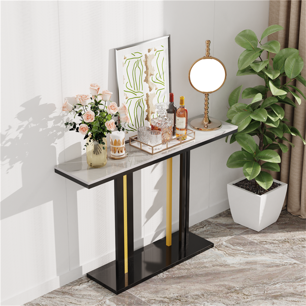 Marmo Console Table – Sintered Stone Marble-Effect Top, Black Metal Frame &amp; 30kg Capacity | 118cm | Multicolour &amp; Black - Greenora Living