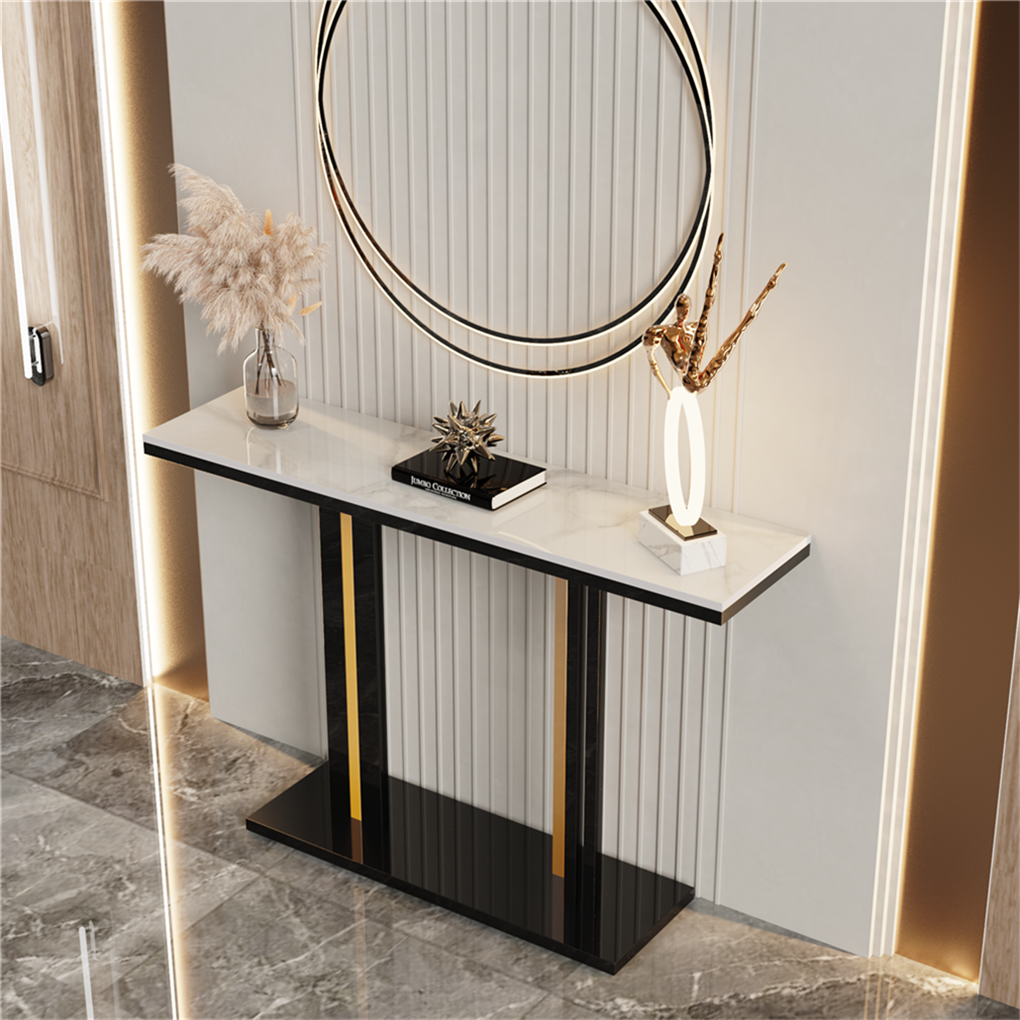 Marmo Console Table – Sintered Stone Marble-Effect Top, Black Metal Frame &amp; 30kg Capacity | 118cm | Multicolour &amp; Black - Greenora Living