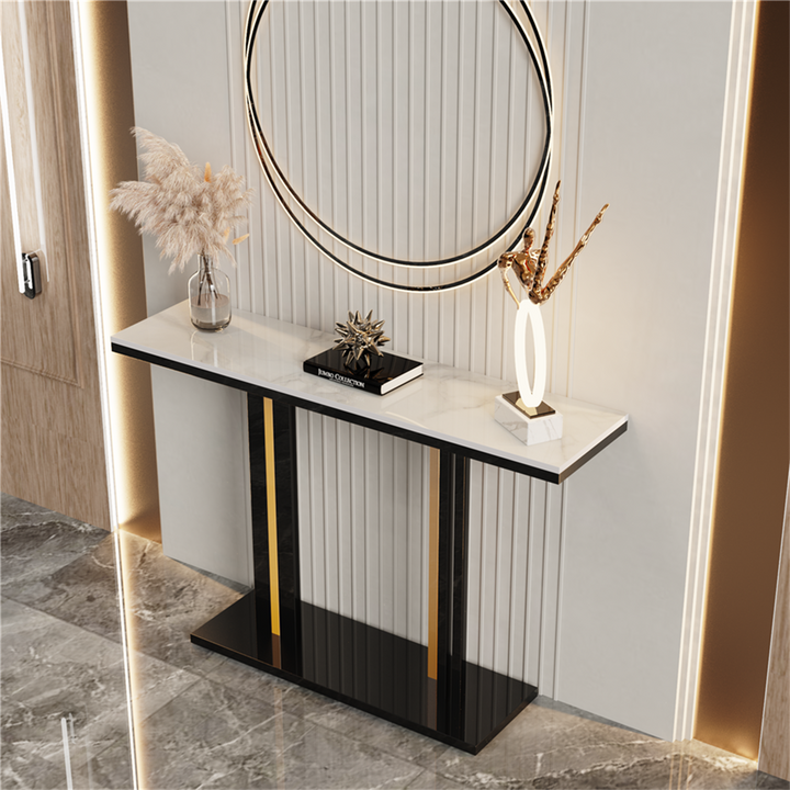 Marmo Console Table – Sintered Stone Marble-Effect Top, Black Metal Frame &amp; 30kg Capacity | 118cm | Multicolour &amp; Black - Greenora Living