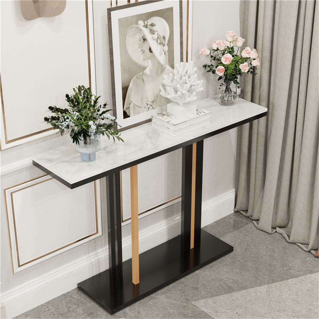 Marmo Console Table – Sintered Stone Marble-Effect Top, Black Metal Frame &amp; 30kg Capacity | 118cm | Multicolour &amp; Black - Greenora Living