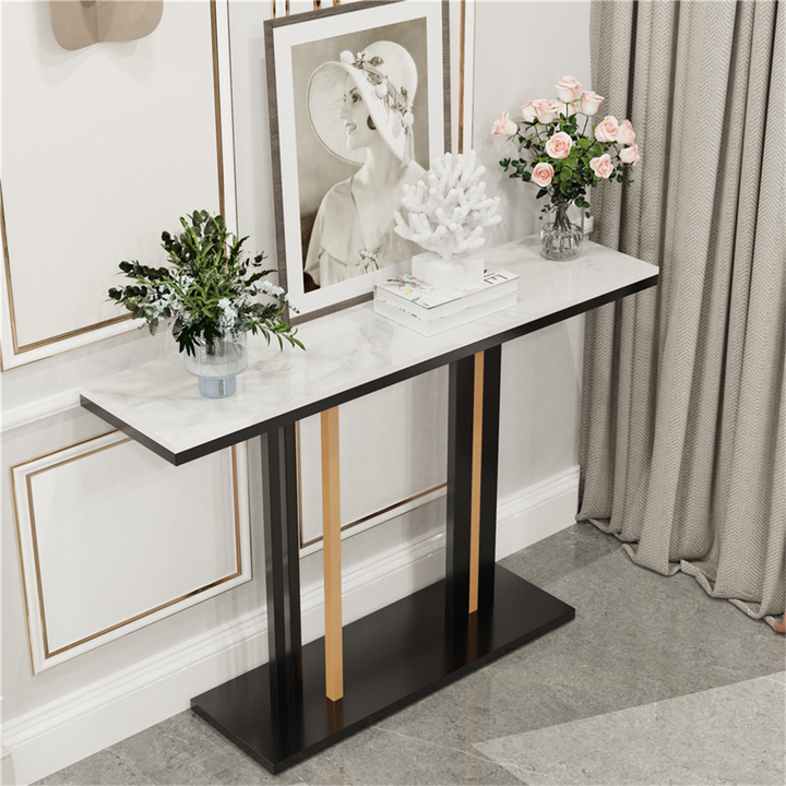 Marmo Console Table – Sintered Stone Marble-Effect Top, Black Metal Frame &amp; 30kg Capacity | 118cm | Multicolour &amp; Black - Greenora Living