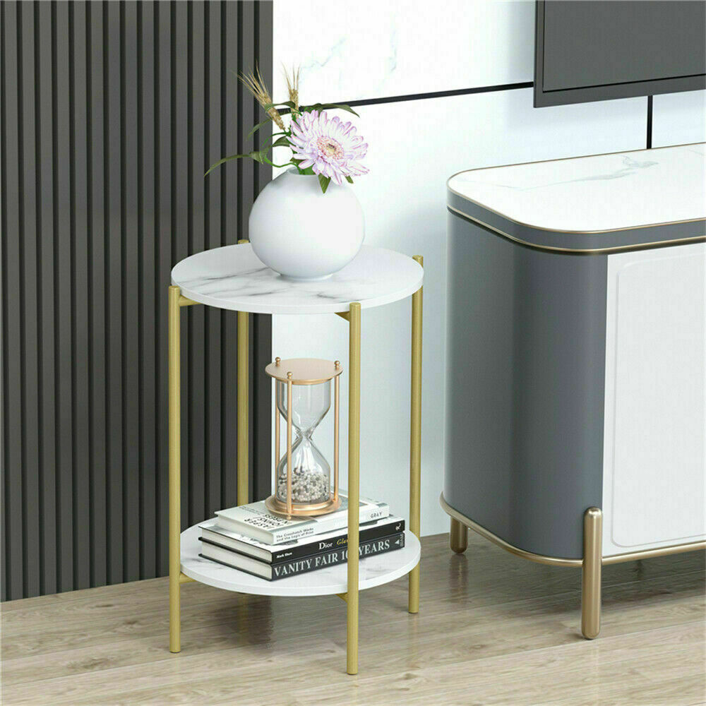 e Store - Marble Sofa Side End Table/Coffee Table with Shelf &amp; Gold Iron Legs