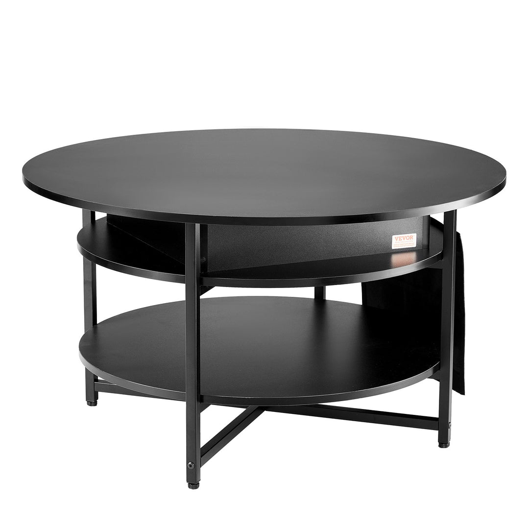 Levante Round Black Lift-Top Coffee Table with Hidden Storage & Side Shelves - Greenora Living