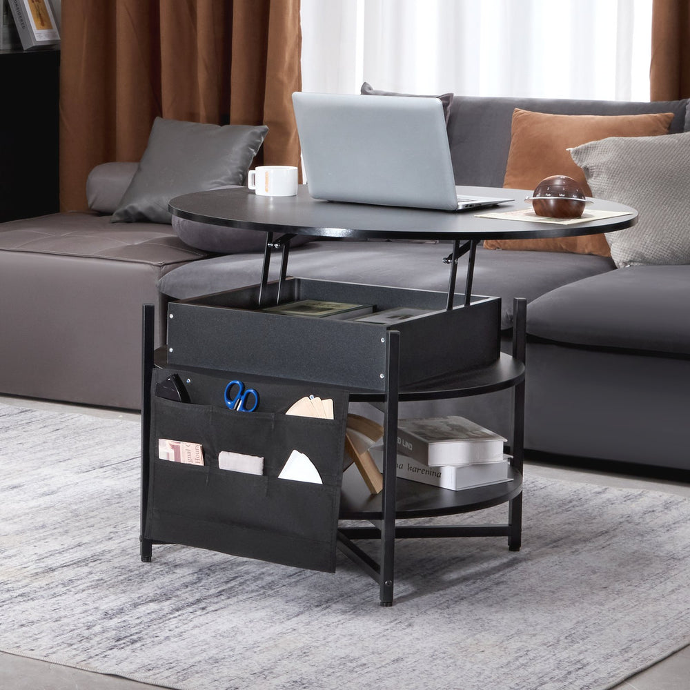 Levante Round Black Lift-Top Coffee Table with Hidden Storage & Side Shelves - Greenora Living
