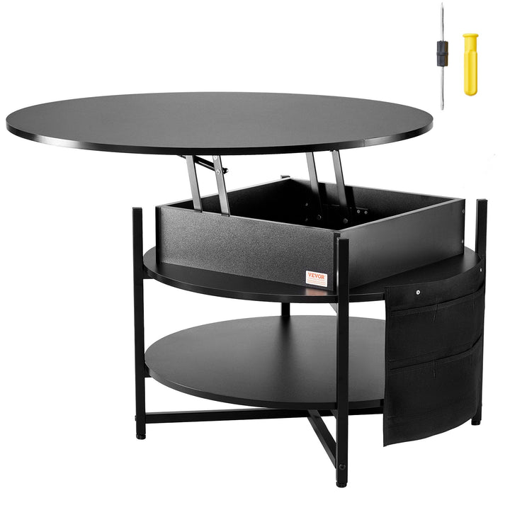 Levante Round Black Lift-Top Coffee Table with Hidden Storage &amp; Side Shelves - Greenora Living