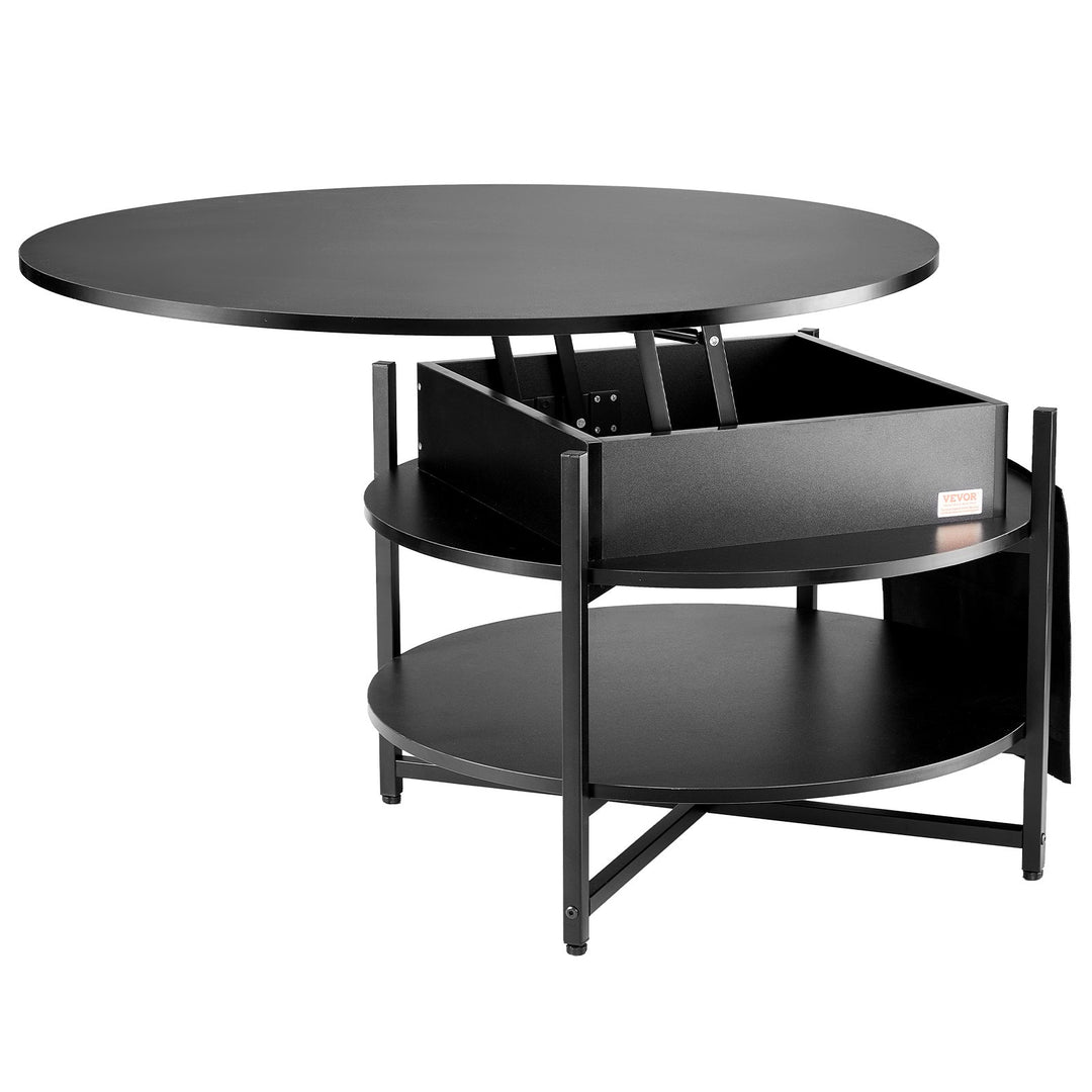 Levante Round Black Lift-Top Coffee Table with Hidden Storage &amp; Side Shelves - Greenora Living