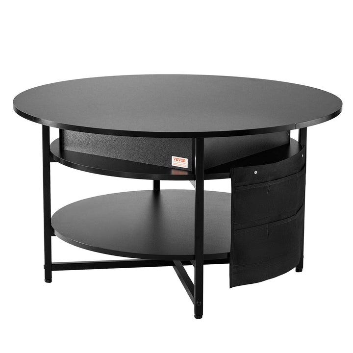 Levante Round Black Lift-Top Coffee Table with Hidden Storage &amp; Side Shelves - Greenora Living