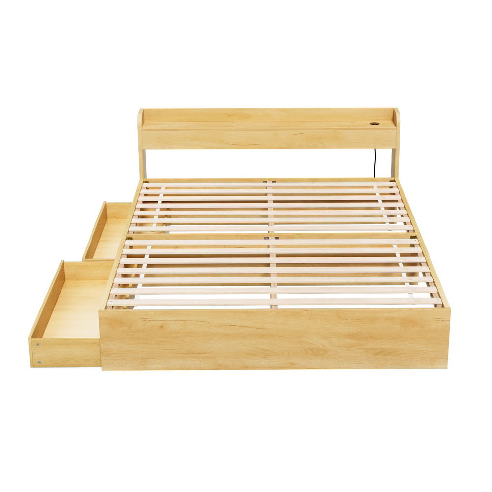 Aura Wood Queen Bed Frame – 2 Storage Drawers | Dual USB Charging | 12mm Plywood Slats | 300kg - Greenora Living