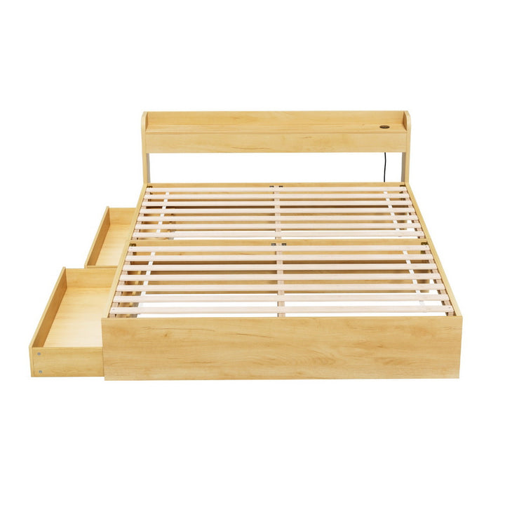 Aura Wood Queen Bed Frame – 2 Storage Drawers | Dual USB Charging | 12mm Plywood Slats | 300kg - Greenora Living