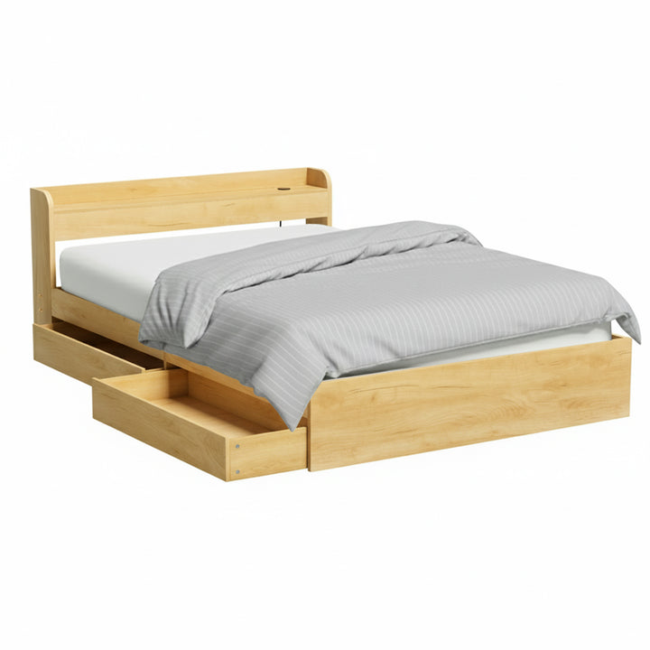 Aura Wood Queen Bed Frame – 2 Storage Drawers | Dual USB Charging | 12mm Plywood Slats | 300kg - Greenora Living