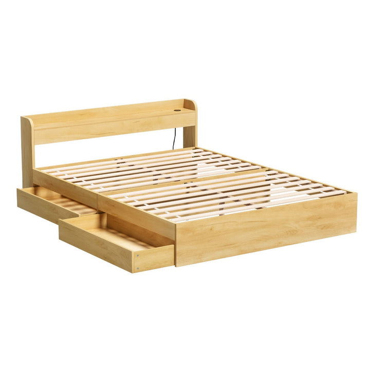 Aura Wood Queen Bed Frame – 2 Storage Drawers | Dual USB Charging | 12mm Plywood Slats | 300kg - Greenora Living