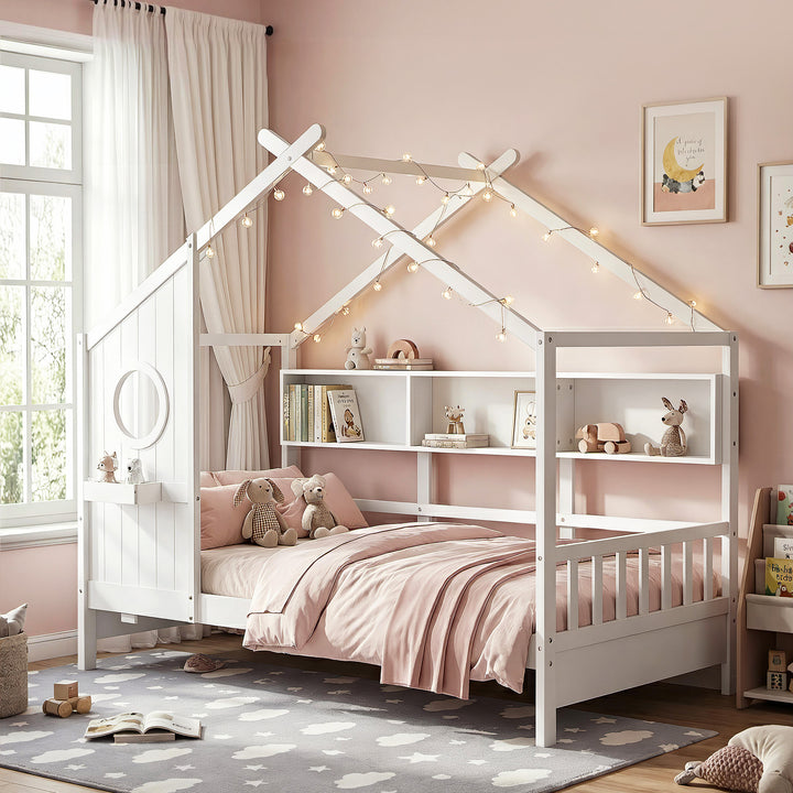 Dreago White Kids House Bed Frame – Montessori Low Floor, Built-In Bookcase &amp; Pine Wood | 180kg - Greenora Living