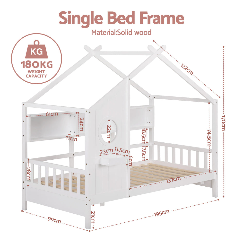 Dreago White Kids House Bed Frame – Montessori Low Floor, Built-In Bookcase & Pine Wood | 180kg - Greenora Living