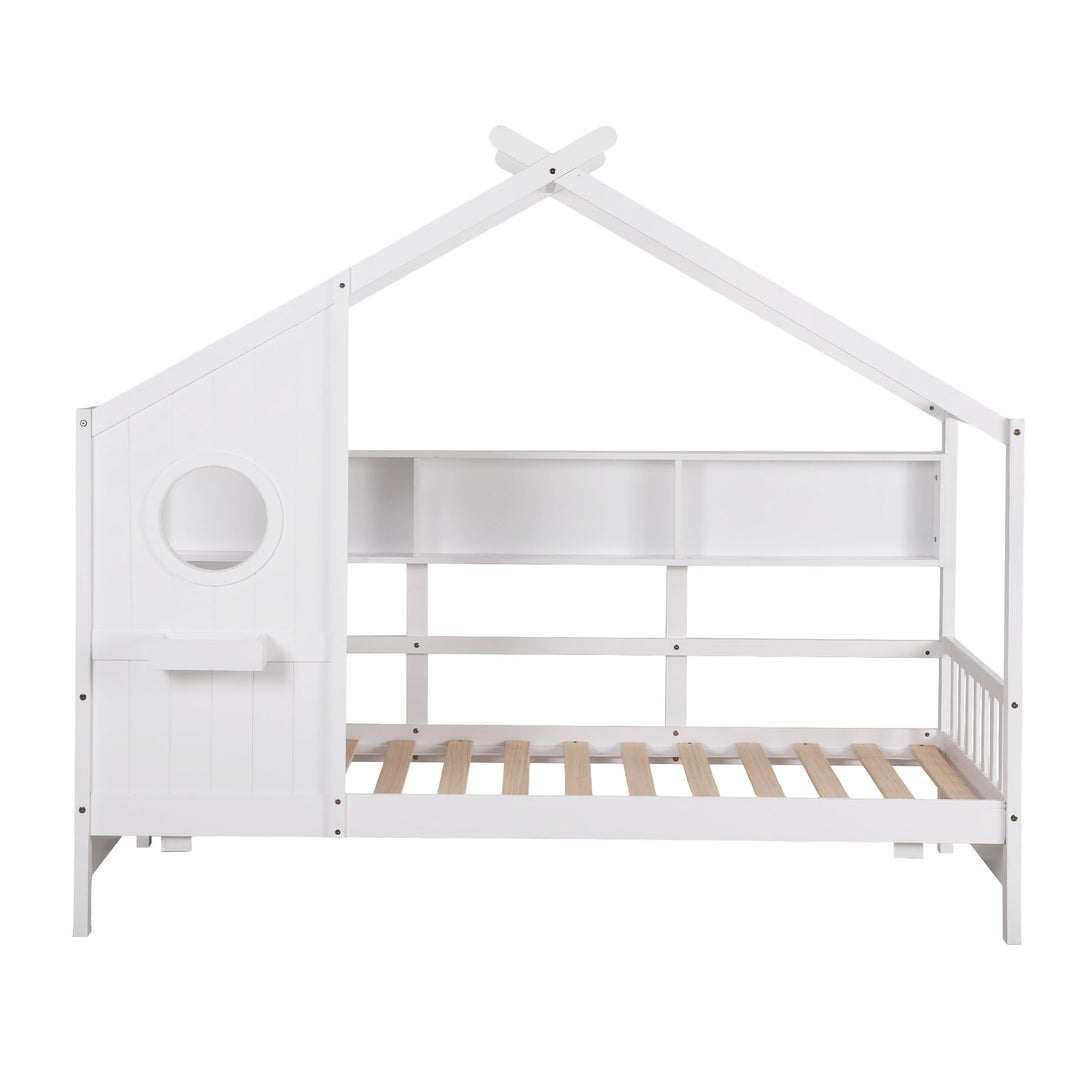 Dreago White Kids House Bed Frame – Montessori Low Floor, Built-In Bookcase &amp; Pine Wood | 180kg - Greenora Living