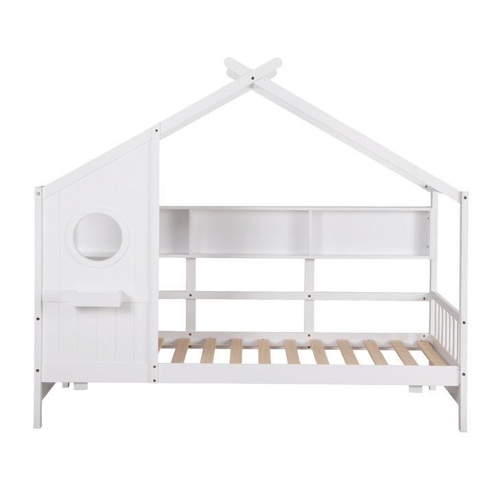Dreago White Kids House Bed Frame – Montessori Low Floor, Built-In Bookcase &amp; Pine Wood | 180kg - Greenora Living