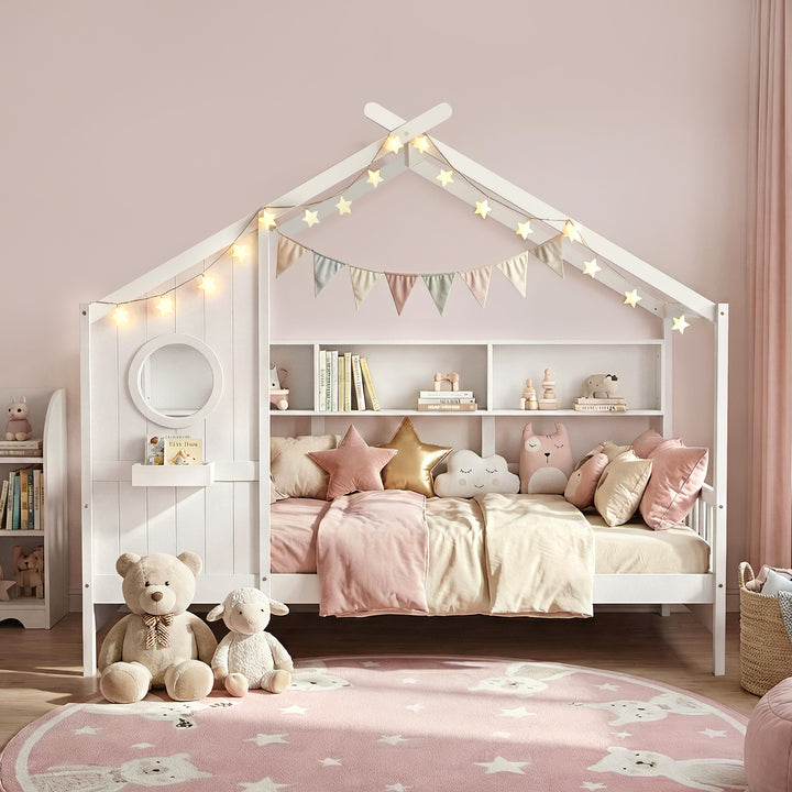 Dreago White Kids House Bed Frame – Montessori Low Floor, Built-In Bookcase &amp; Pine Wood | 180kg - Greenora Living