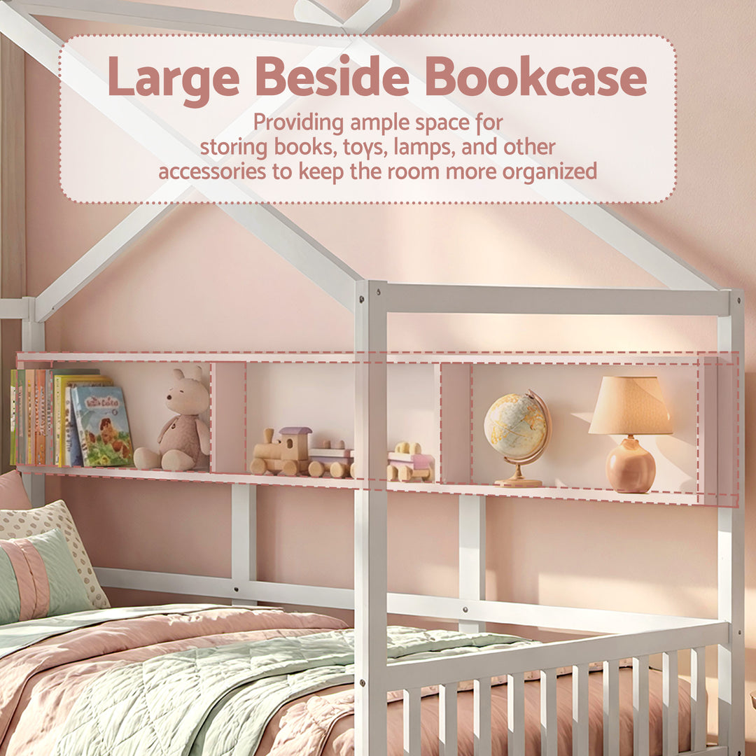Dreago White Kids House Bed Frame – Montessori Low Floor, Built-In Bookcase &amp; Pine Wood | 180kg - Greenora Living