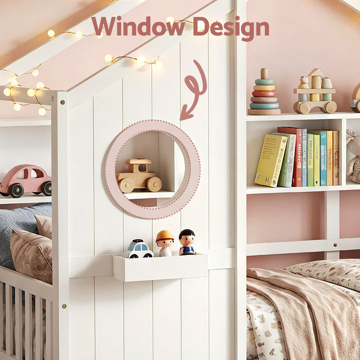 Dreago White Kids House Bed Frame – Montessori Low Floor, Built-In Bookcase &amp; Pine Wood | 180kg - Greenora Living