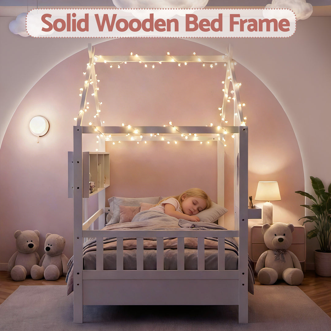 Dreago White Kids House Bed Frame – Montessori Low Floor, Built-In Bookcase &amp; Pine Wood | 180kg - Greenora Living