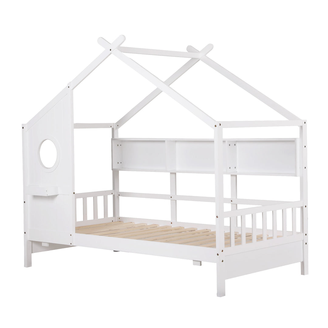 Dreago White Kids House Bed Frame – Montessori Low Floor, Built-In Bookcase &amp; Pine Wood | 180kg - Greenora Living