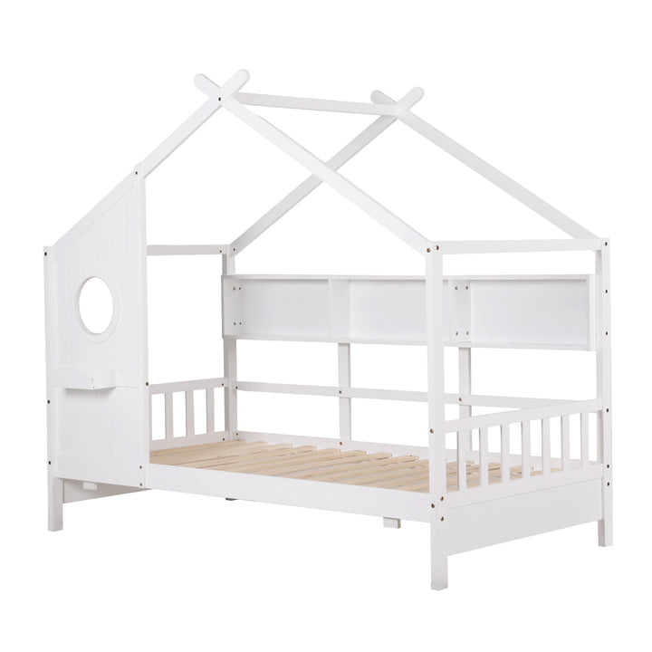 Dreago White Kids House Bed Frame – Montessori Low Floor, Built-In Bookcase &amp; Pine Wood | 180kg - Greenora Living