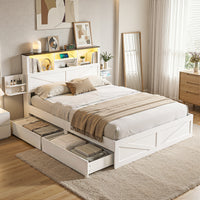 Lumex Double Bed Frame | Bookcase Headboard, LED Lighting & Storage Drawers | Greenora Living Australia