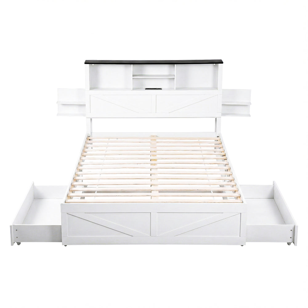 Lumex Double Bed Frame – 4-Tier Sliding Bookcase Headboard, LED Lighting & Built-In Charging | White - Greenora Living