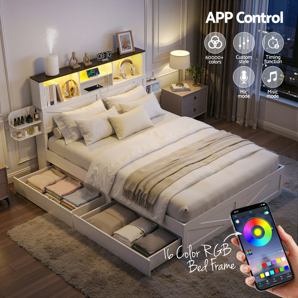 Lumex Double Bed Frame | Bookcase Headboard, LED Lighting & Storage Drawers | Greenora Living Australia