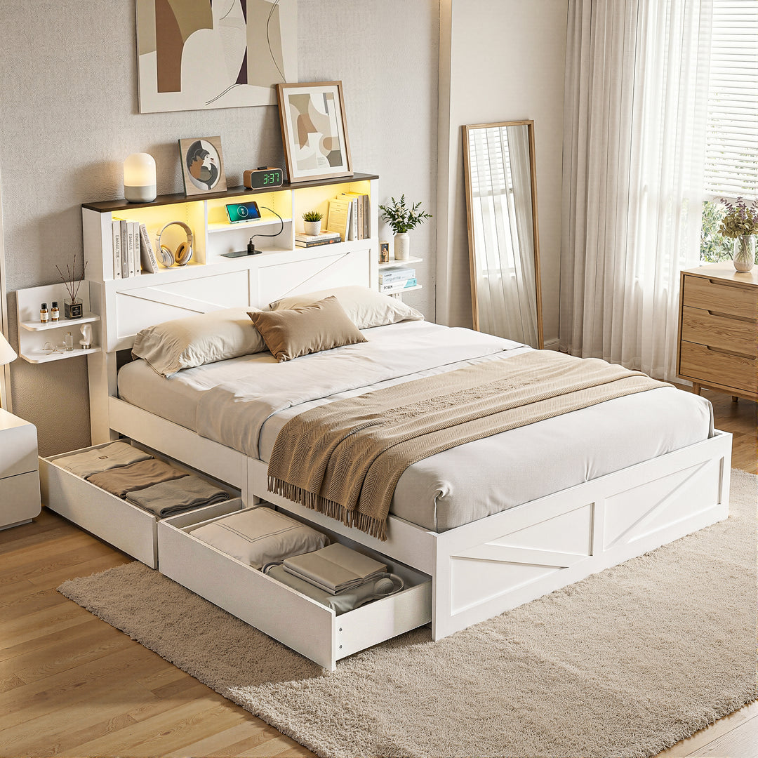 White bed with storage drawers in a bedroom setting