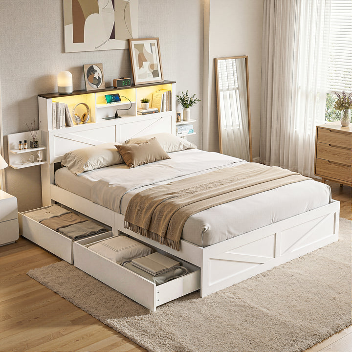 White bed with storage drawers in a bedroom setting