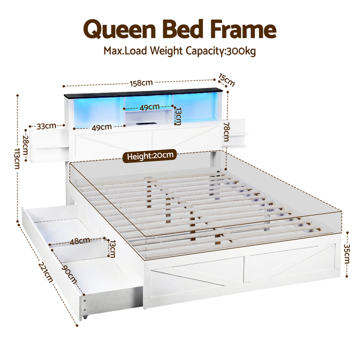 White queen bed frame with dimensions and weight capacity on a white background