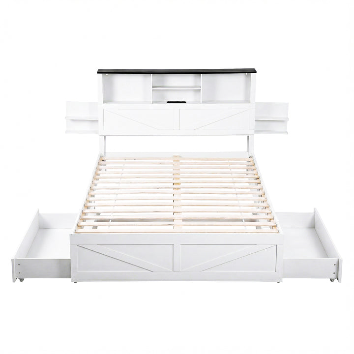 White bed frame with storage drawers on a white background