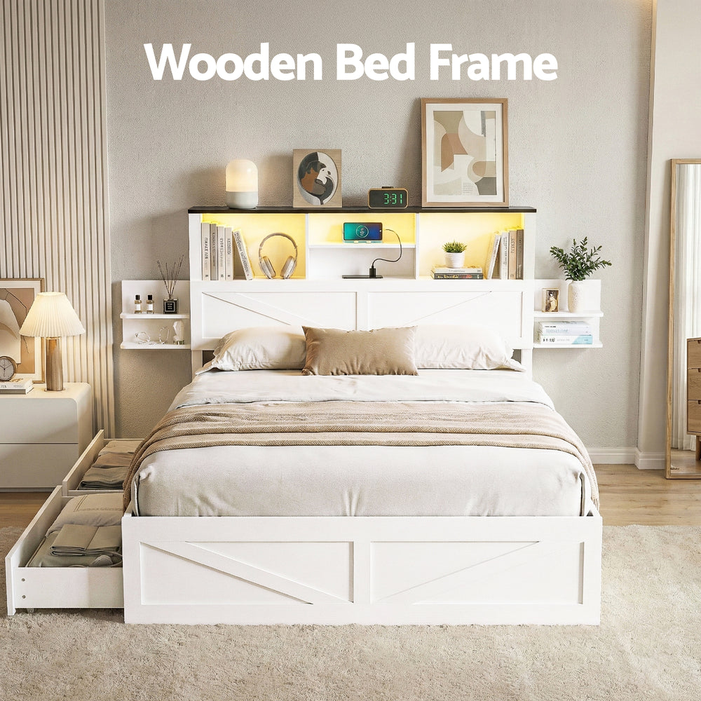 White wooden bed frame with storage drawers in a bedroom setting.