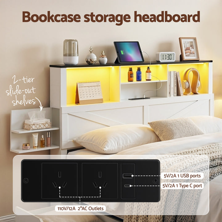 Bookcase storage headboard with slide-out shelves, power outlets, and USB ports.